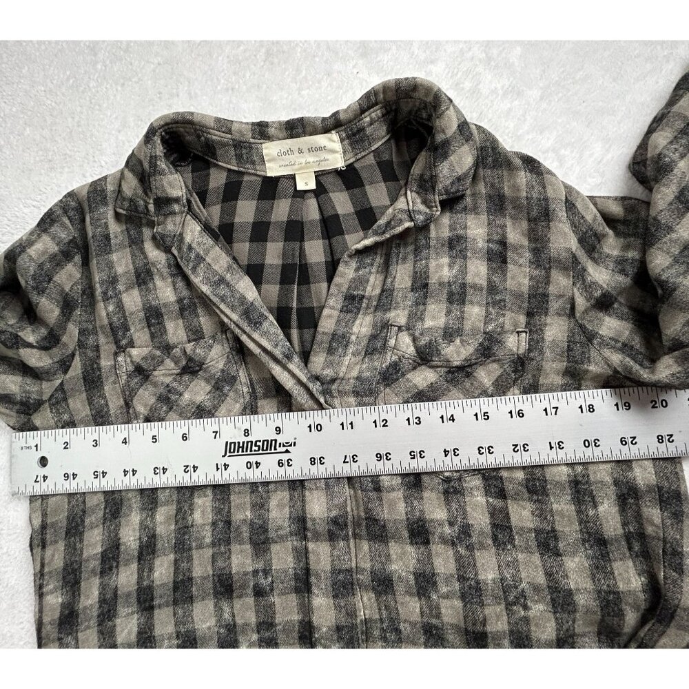 Cloth & Stone Womens Gray Black Checkered Fringe Trim Button Down Shirt Small - Picture 7 of 8